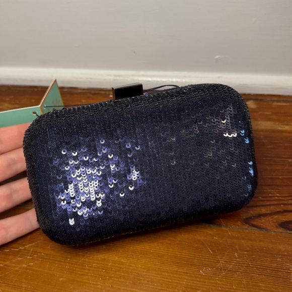 NWT Santi Navy Sequence and Satin Box Clutch Clam Shell Crossbody - Picture 2 of 10